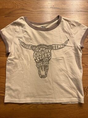 Hollister Cream Ringer Tee with Brown Trim and Country Skull Graphic